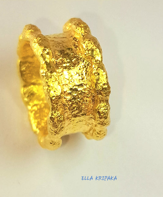 Hammered Solid 24k 9999 Gold 17.5g Organic Ring 11mm Thick 2.5mm 22k