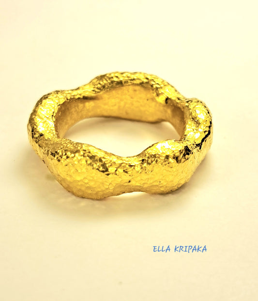 Custom Solid 24k 9999 Gold 24g/size 6US Hammered Organic Ring 6.5mm Thick