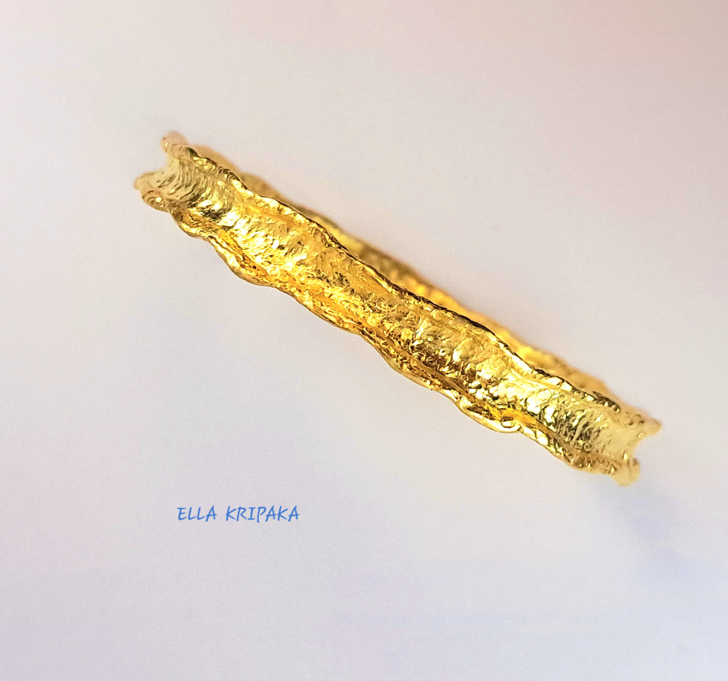 Custom Solid 22k 92.5% Gold 23g/size 7in, Hammered Organic Bracelet Durable Bangle, Thick 2.5mm Wavy Uneven Borders, Wide 7.5mm