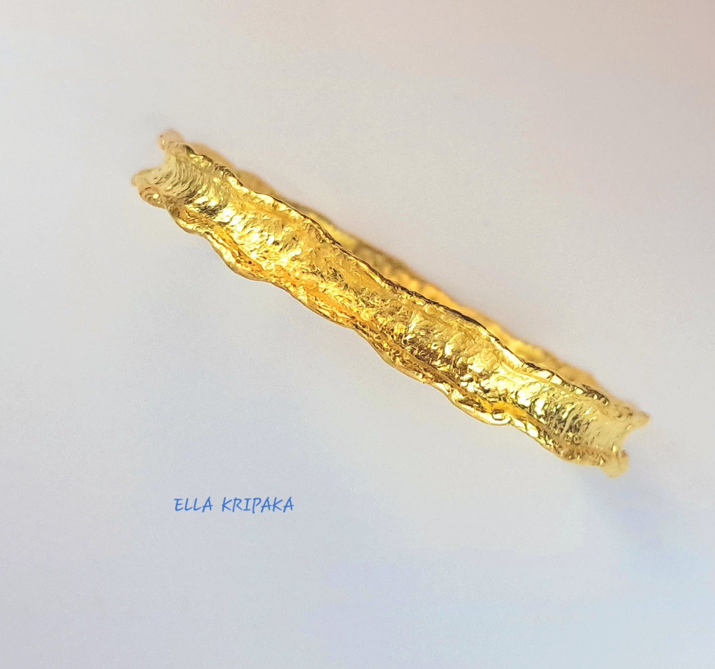 Custom Solid 22k 92.5% Gold 29g/size 7in, Hammered Organic Bracelet Durable Bangle, Thick 2.5mm Wavy Uneven Borders, Wide 8mm