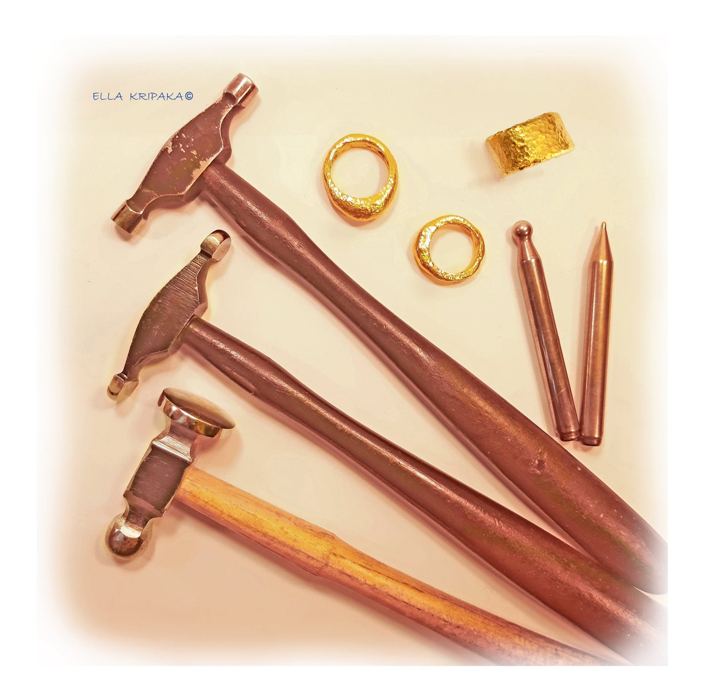 Hammered 24k Gold Solid 9999 Gold Ring Organic with Hammers and Jewelry tools, Hammered 22k Gold Artist Ella Kripaka