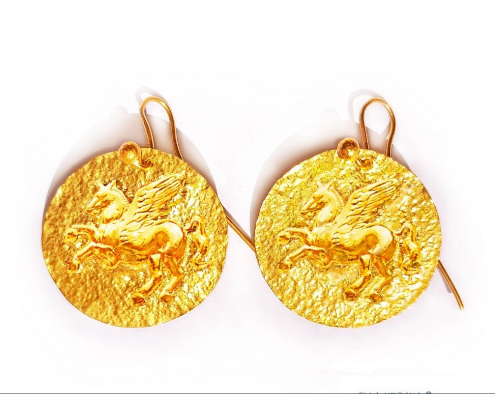 Custom 24K 9999 Gold 10g & 30g Hammered Pegasus Earrings Ancient Greece 35mm & 55mm Can Be 22k Gold