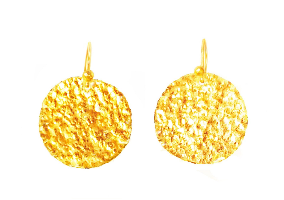 Hammered 24k Gold Hammered 9999 Gold Organic Earrings Hammered 22k Gold Earrings by Artist Ella Kripaka