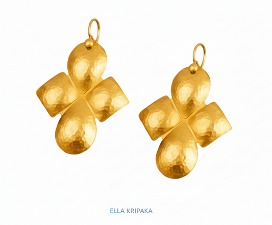 24k 9999 gold hammered Byzantine Cross earrings with forged gold textures are on a white surface, artist's name 'Ella Kripaka'