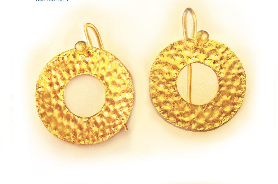 Hammered 24k Gold Hammered 9999 Gold Organic Earrings Hammered 22k Gold Earrings by Artist Ella Kripaka