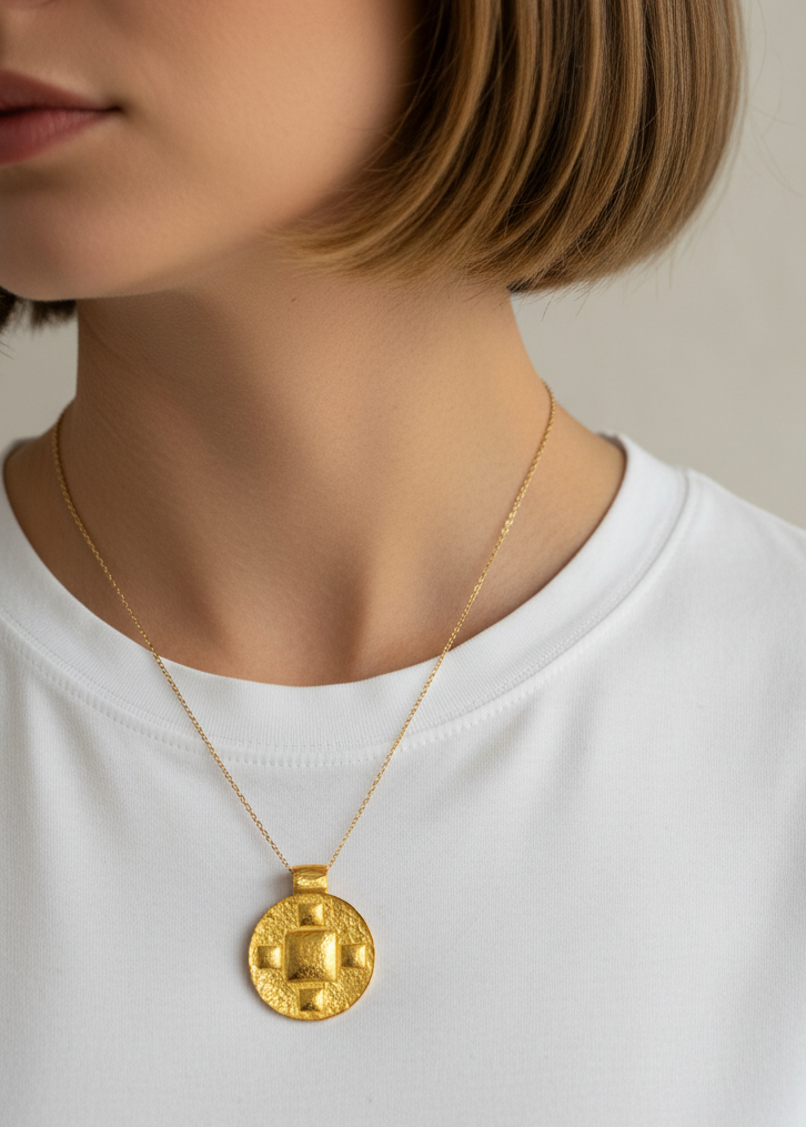 24k 9999 gold hammered byzantine pendant on a white surface, branded 'Ella Kripaka'
