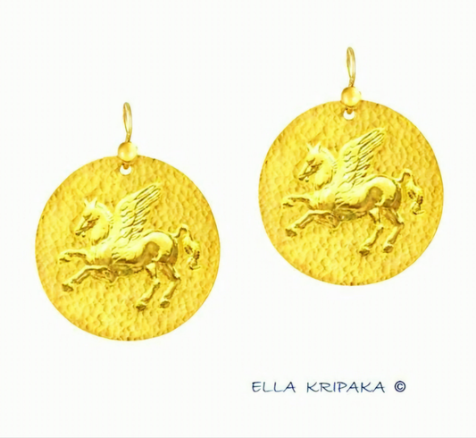 Hammered 24k Gold Hammered 9999 Gold Pegasus Ancient Greece and Ancient Rome Earrings, Hammered 22k Gold Pegasus Earrings by Artist Ella Kripaka