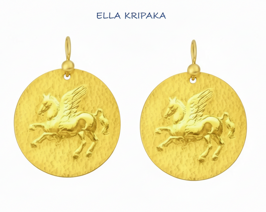 Hammered 24k Gold 9999 gold disk earrings with convex Pegasus and with forged textured gold on white background, branded artist's name 'Ella Kripaka'