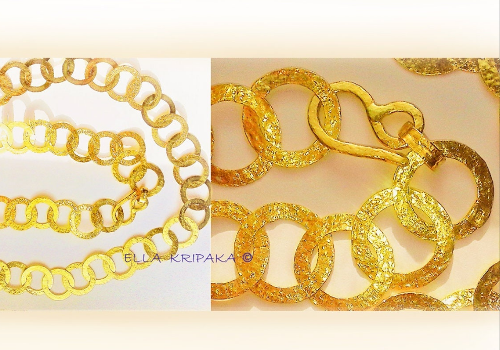 Custom Solid 22k 92.5% Gold 80g Hammered Chain Necklace Durable, Link 17mm, Length 59cm 23in Thick Hook Clasp