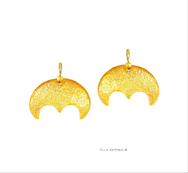 Hammered 24k Gold Hammered 9999 Gold Byzantine Empire and Ancient Rome Moon Earrings, Hammered 22k Gold Moon Earrings by Artist Ella Kripaka