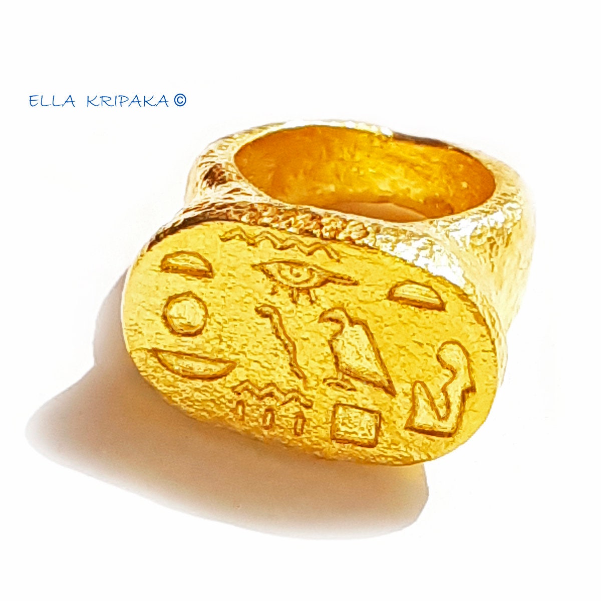 Custom Solid 24k 9999 Gold 65g size 6US Hammered Ancient Egypt Signet Ring