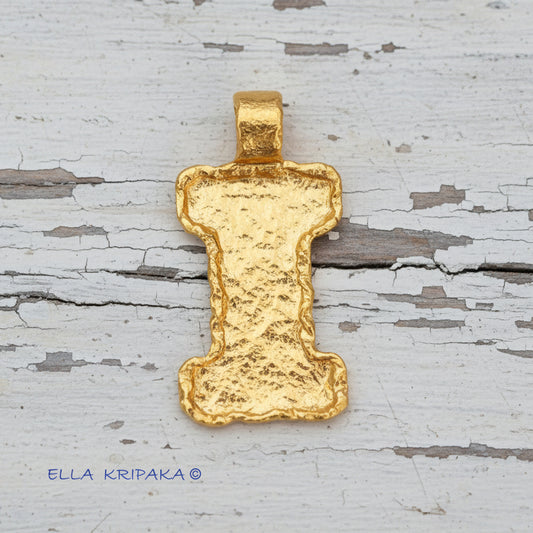 Custom Solid 24k 9999 Gold Hammered Organic Monogram Letter I Pendant And 22k Gold Artist Ella Kripaka