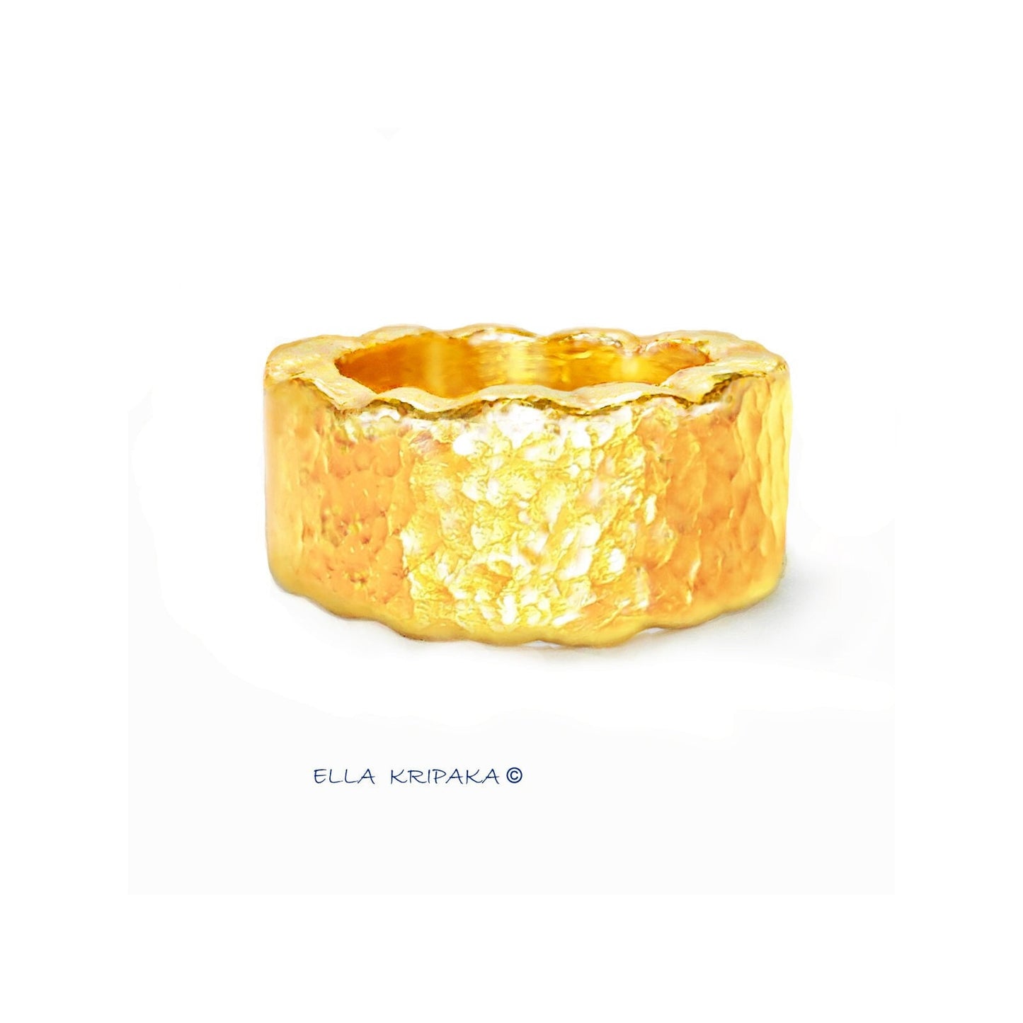 Custom Solid 24k 9999 Gold 42g Hammered Organic Wavy Ring 10mm artist Ella Kripaka