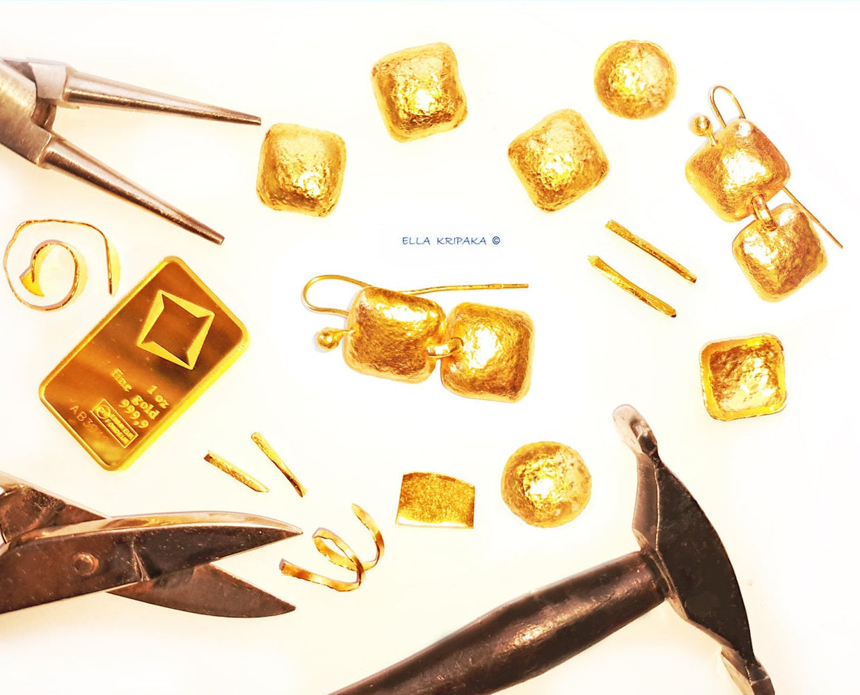 Swiss 9999 24k gold bar and Hammered 24k Gold 9999 Gold Ancient Rome and Byzantine Empire square earrings, jewelry tools and hammers with 9999 23k gold, forged pure 24k gold, Hammered 22k Gold jewelry, by Artist-jeweler Ella Kripaka