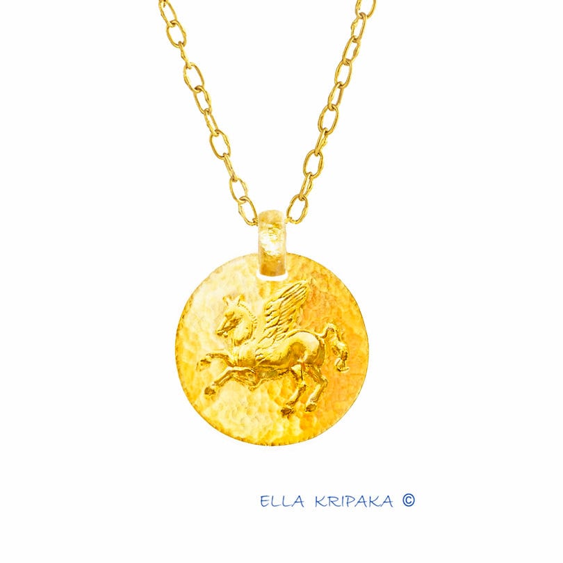 Custom Solid 24k 9999 Gold 13g and 35g, Hammered Disk With Convex Pegasus Ancient Rome, Ancient Greece Pendant Durable, Length 35mm and 56mm