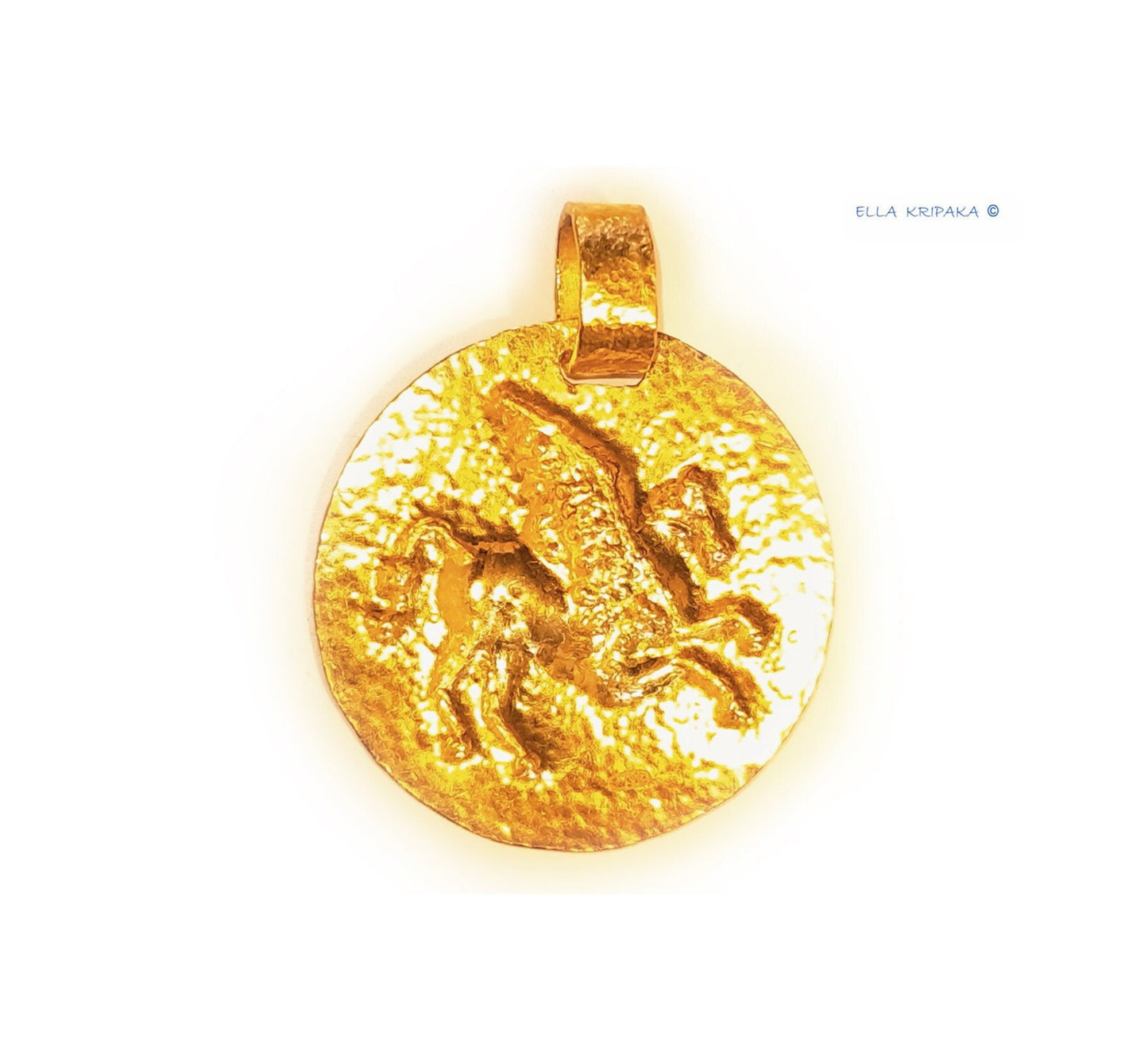 Custom Solid 24k 9999 Gold 13g and 35g, Hammered Disk With Convex Pegasus Ancient Rome, Ancient Greece Pendant Durable, Length 35mm and 56mm