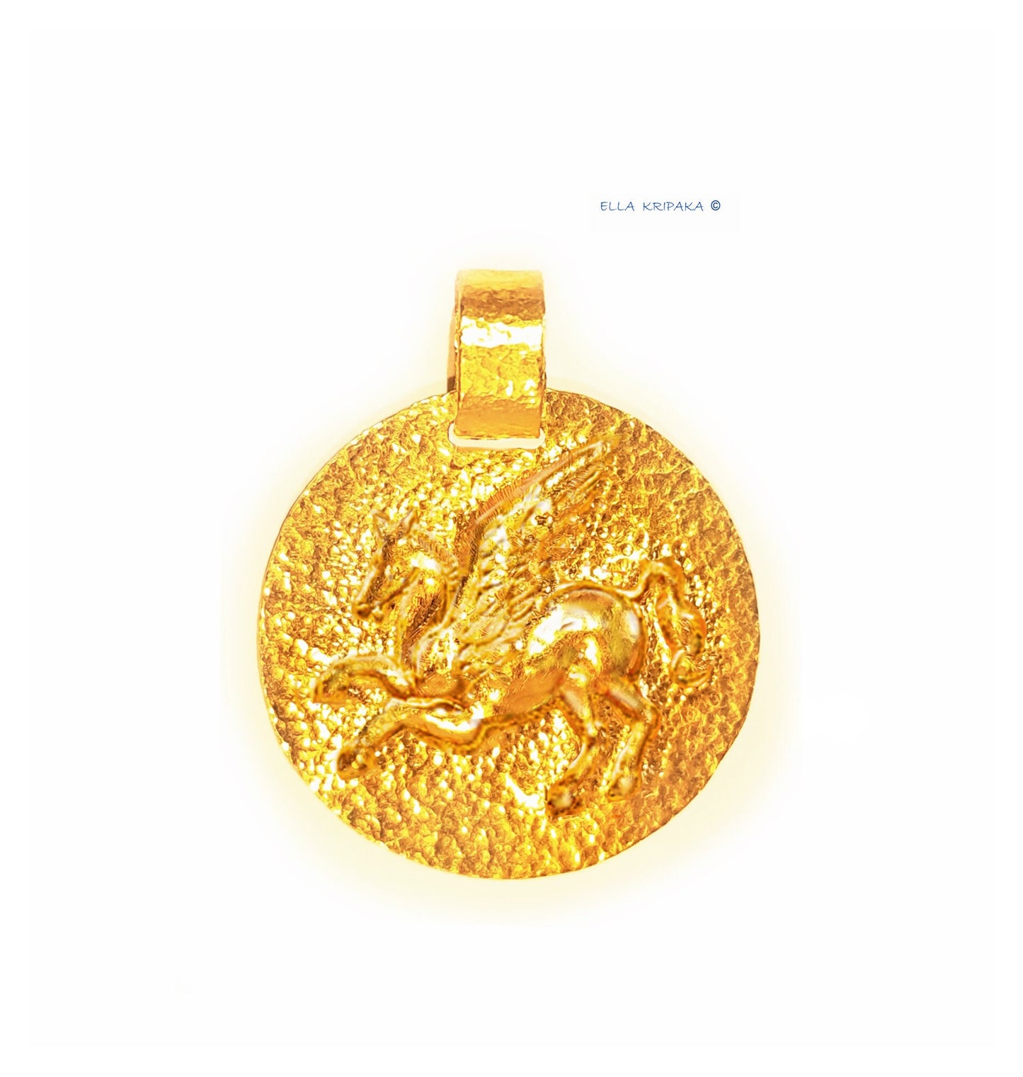 Custom Solid 24k 9999 Gold 13g and 35g, Hammered Disk With Convex Pegasus Ancient Rome, Ancient Greece Pendant Durable, Length 35mm and 56mm