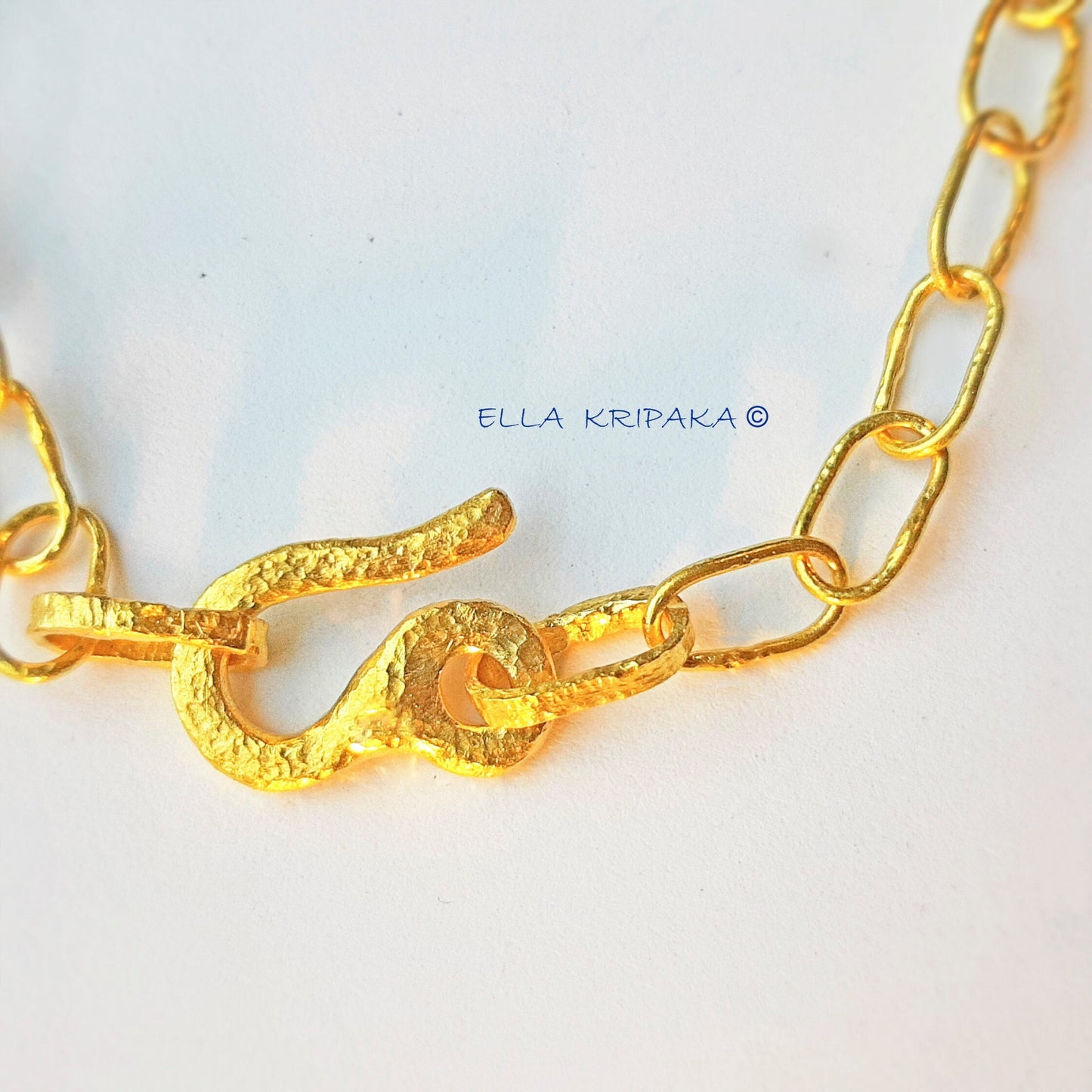 Custom Solid 22k 92.5% Gold 30g Hammered Chain Necklace Durable, Link 7.2mm, Length 56cm 22in Thick Hook Clasp