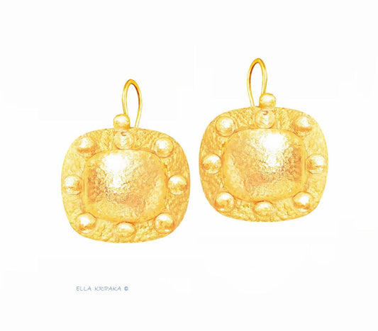 Hammered 24k Gold Hammered 9999 Gold Byzantine Empire and Ancient Rome Earrings, Hammered 22k Gold Earrings by Artist Ella Kripaka