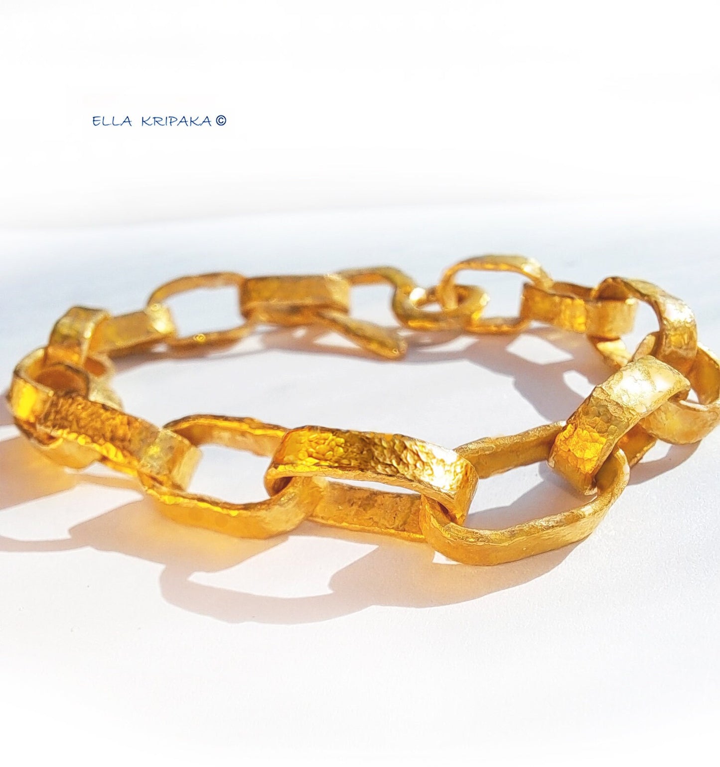 Custom Solid 24k 9999 Gold 68g/size 7in Hammered Chain Bracelet Ancient Rome 10mm Can Be 22k Gold