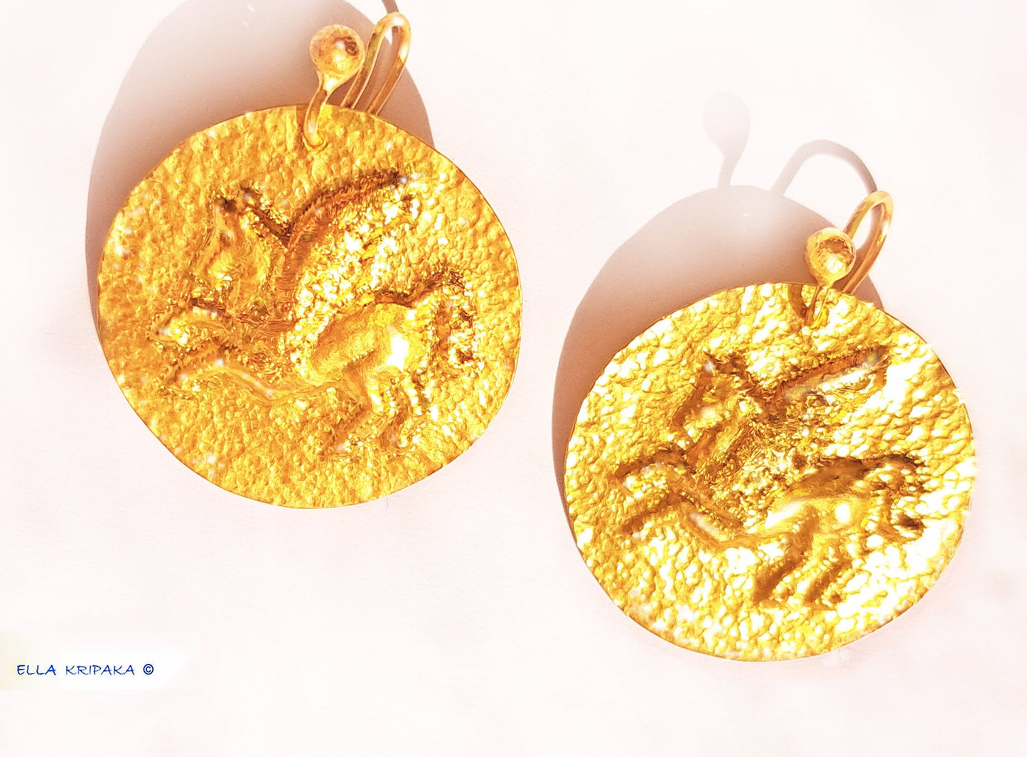 Custom 24K 9999 Gold 10g & 30g Hammered Pegasus Earrings Ancient Greece 35mm & 55mm Can Be 22k Gold
