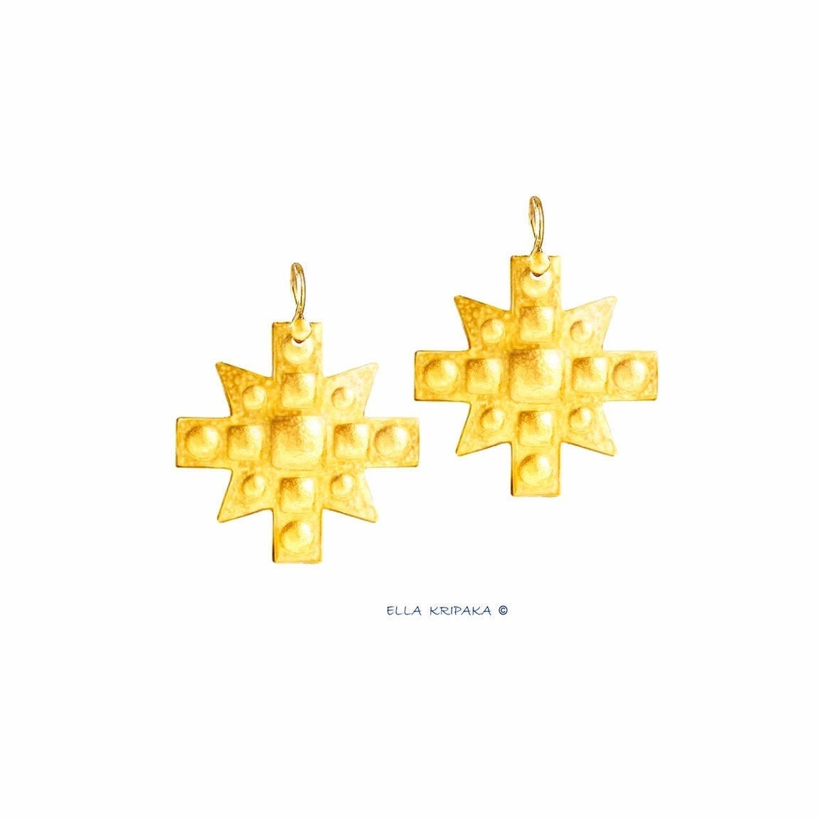 Hammered 24k 9999 Gold 8.7g &25.5g Byzantine Cross Earrings Can 22k
