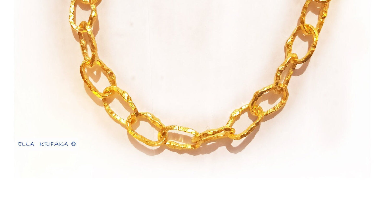 Custom Solid 24k 9999 Gold 150g Length 23in Hammered Organic Chain Necklace 12mm Can Be 22k Gold