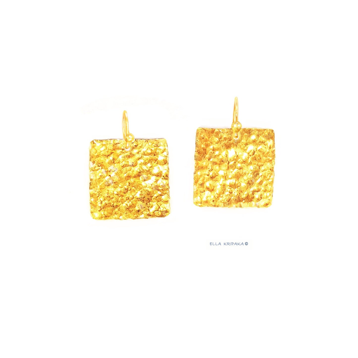 Custom 24K 9999 Gold 11g & 34g Hammered Organic Square Earrings 35mm & 55mm Can Be 22k