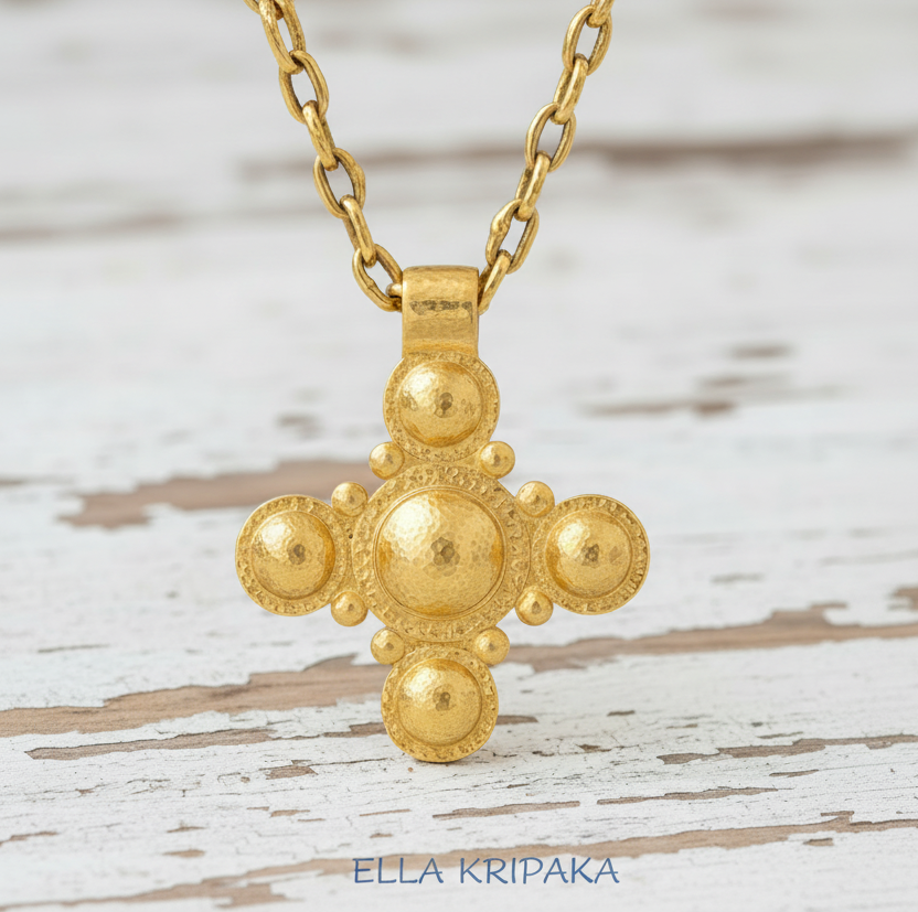 24K ネックレス Hammered 24k 9999 Gold 13g &36g Byzantine Cross Pendant Convex