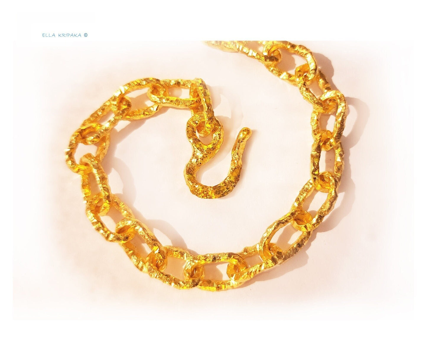 Custom Solid 24k 9999 Gold 130g Length 23in Hammered Organic Chain Necklace 8.5mm Can Be 22k Gold