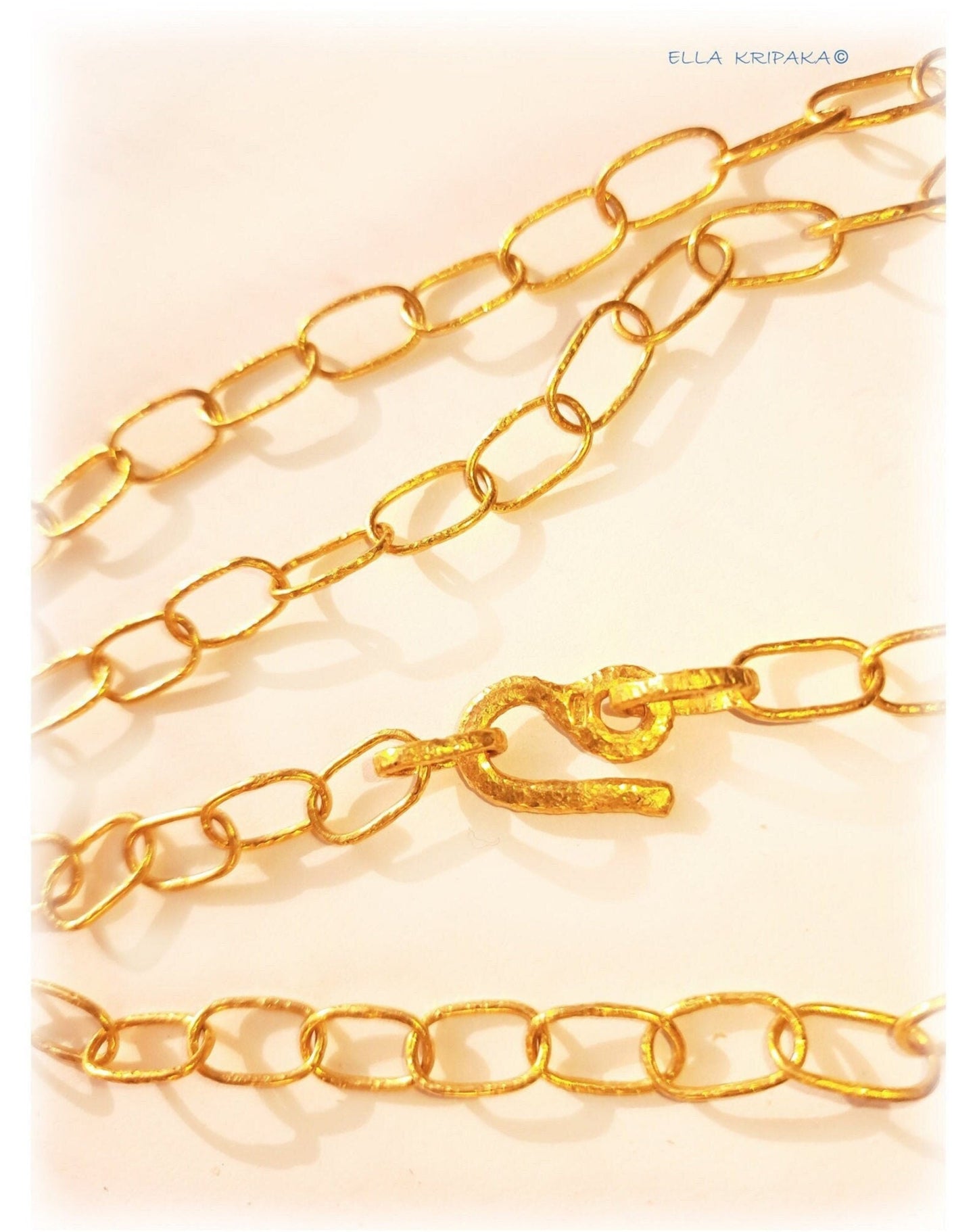 Custom Solid 22k 92.5% Gold 30g Hammered Chain Necklace Durable, Link 7.2mm, Length 56cm 22in Thick Hook Clasp