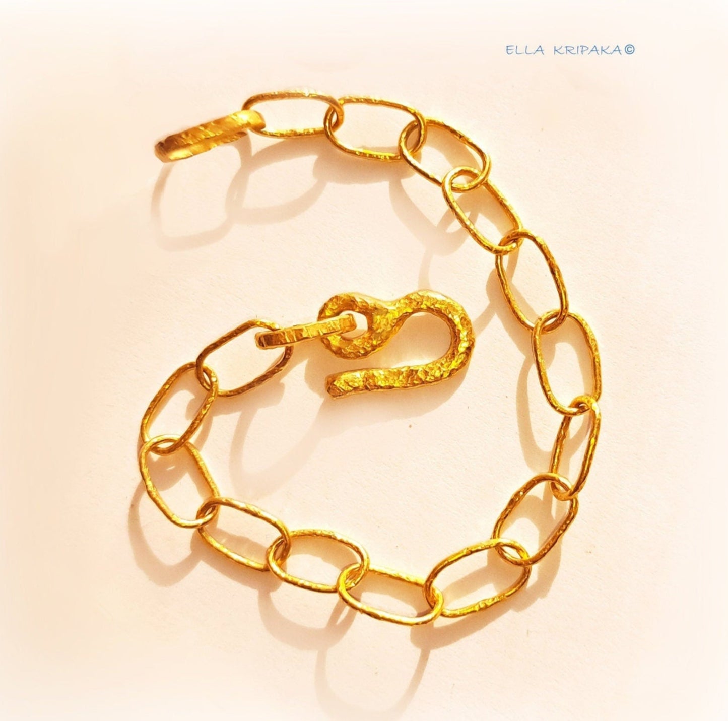 Custom Solid 22k 92.5% Gold 11.2g/size 6in, Hammered Chain Bracelet Durable, Link Wide 7mm Thick Hook Clasp