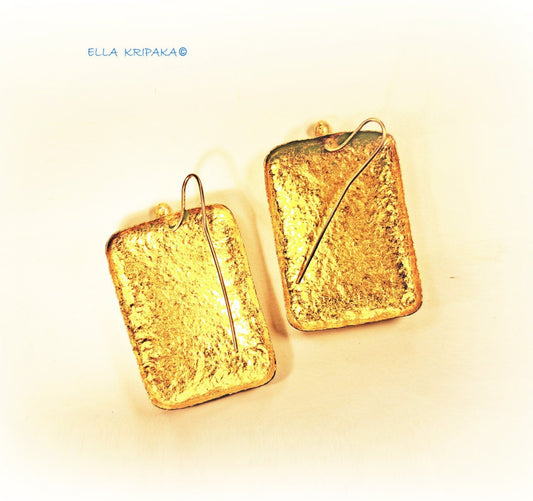 Hammered Solid 24k 9999 Gold 11g &30g Rectangular Earrings Custom 22k