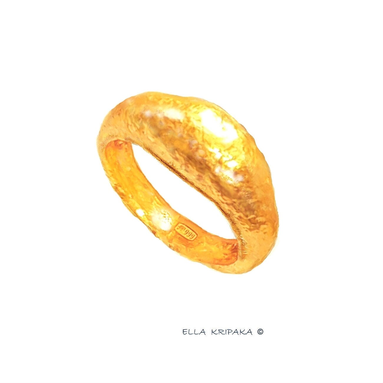 Custom Solid 24k 9999 Gold 13g/size 6US Hammered Organic Ring Signet 9mm Can Be 22k Gold