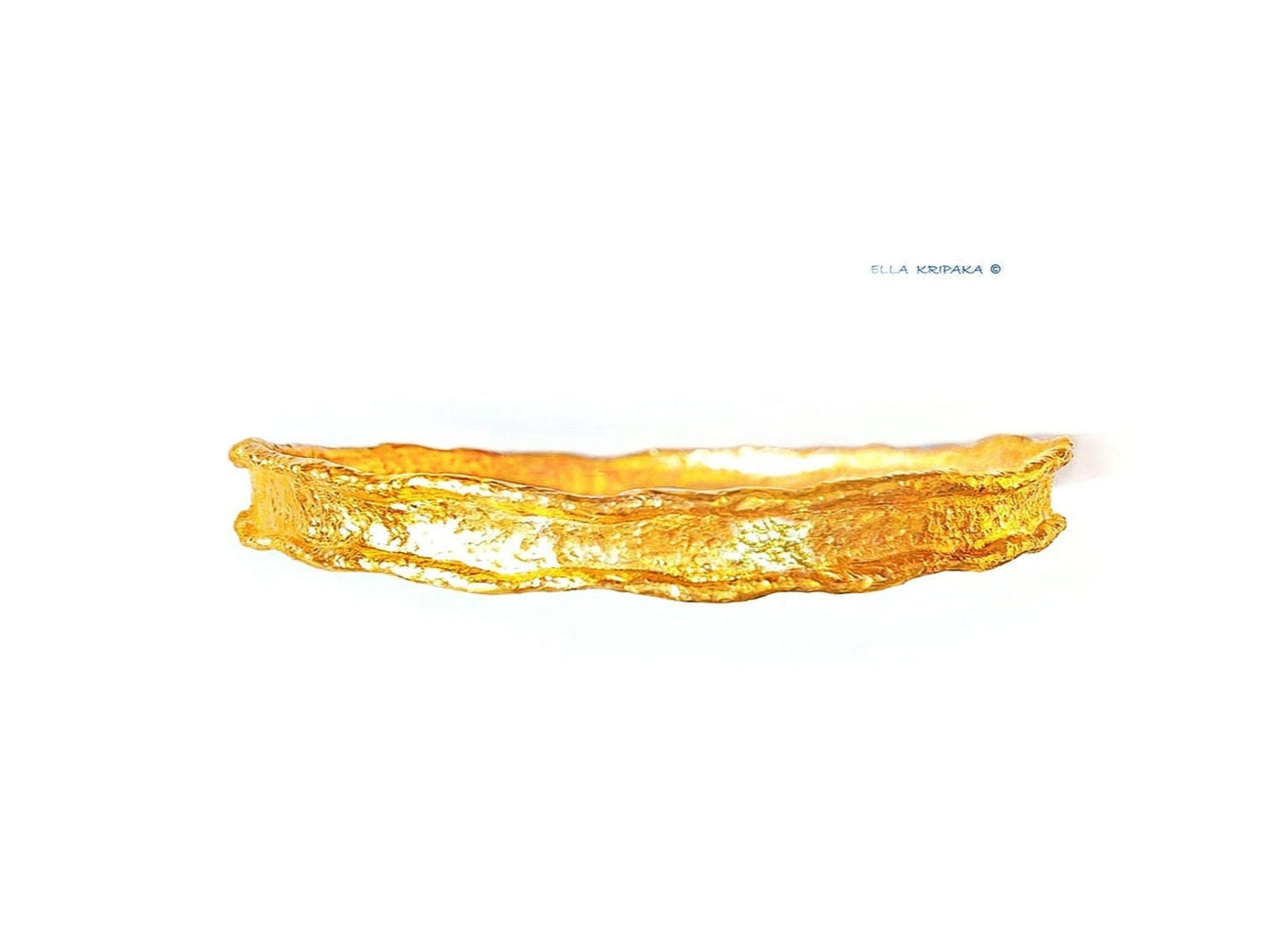 Custom Solid 22k 92.5% Gold 29g/size 7in, Hammered Organic Bracelet Durable Bangle, Thick 2.5mm Wavy Uneven Borders, Wide 8mm