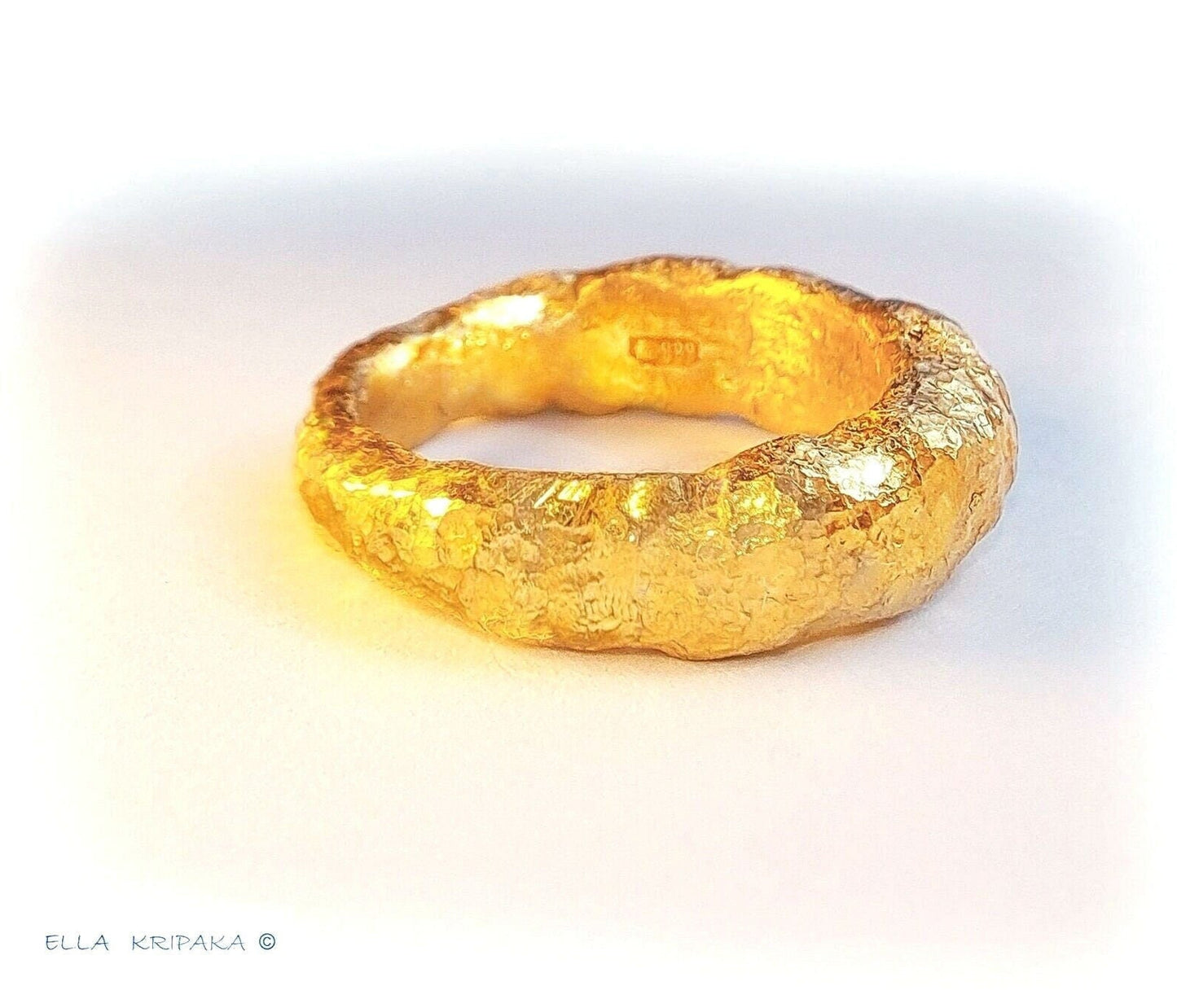Custom Solid 24k 9999 Gold 19.5g/size 6US Hammered Organic Ring Signet 6.5mm Can Be 22k Gold