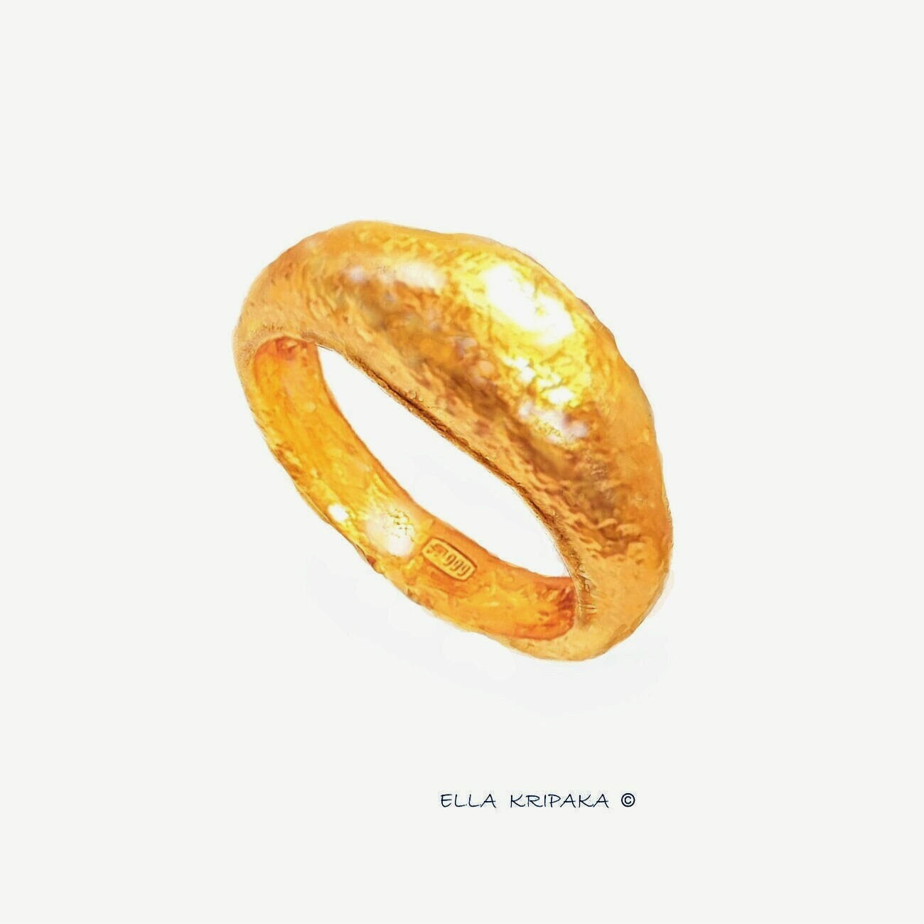 Custom Solid 24k 9999 Gold 22g/size 6US Hammered Organic Ring Signet 8mm Can Be 22k Gold