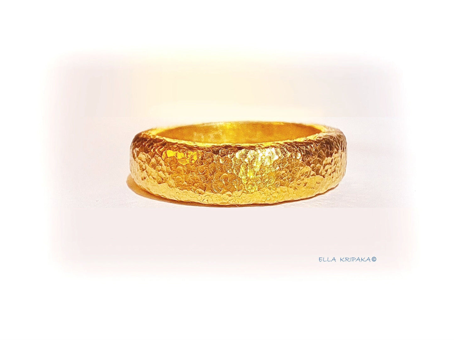 Custom Solid 24k 9999 Gold 21g/size 6US Hammered Ancient Rome Ring Wide 6.5mm Can Be 22k Gold