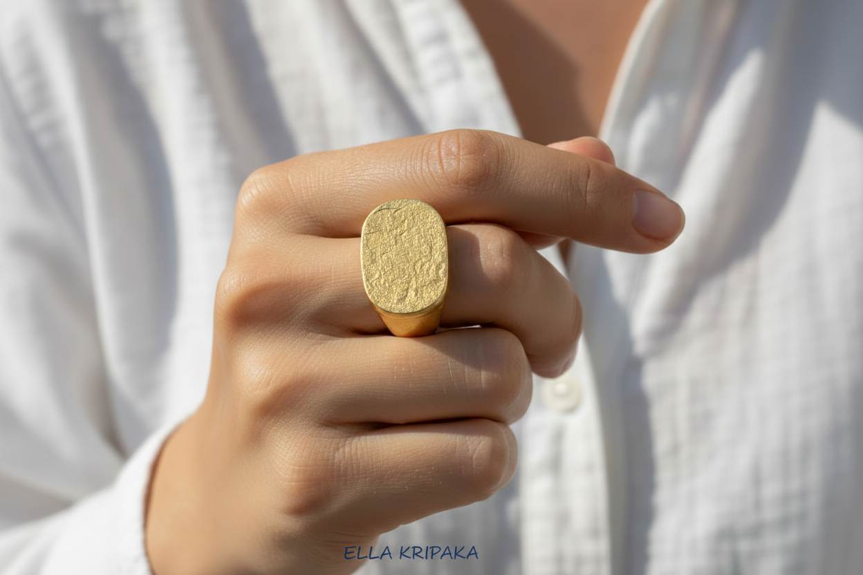 Hammered 24k 9999 Gold ring thick signet Ancient Egypt style and Ancient Rome style and with forged textured gold worn on model's finger and on a white plain background, artist-jeweler's name 'Ella Kripaka' branding