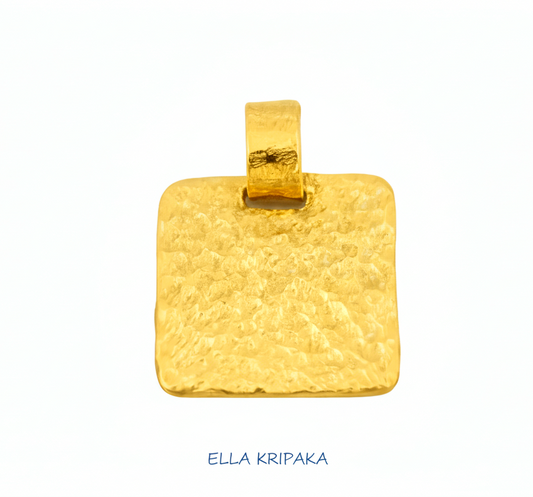 Hammered 24k gold, pure 9999 gold square pendant with shiny forged gold textures on white paper surface, artist-jeweler 'Ella Kripaka' branding