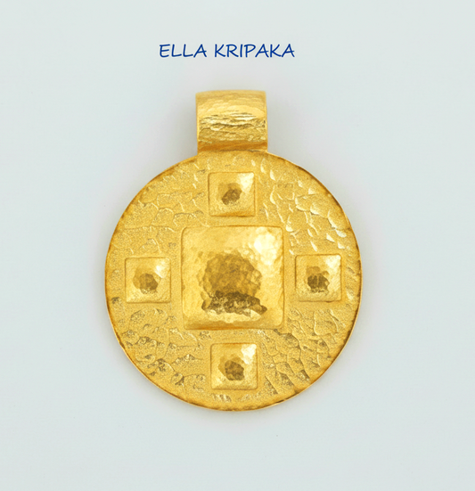 24k gold disk pendant textured hammered with convex squares pattern on light grey paper background, with 'Ella Kripaka' branding