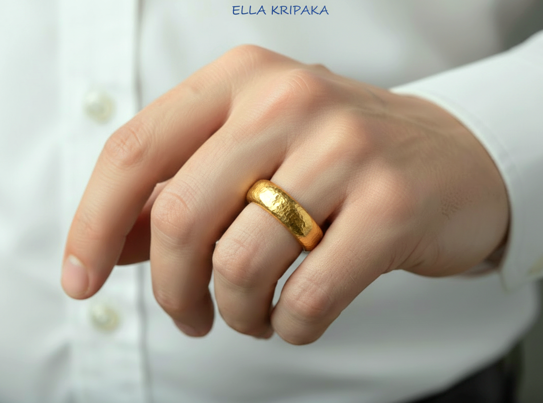 Hammered 24k Gold 9999 gold thick ring band with textured gold worn on model's finger and on a white background, branded 'Ella Kripaka'