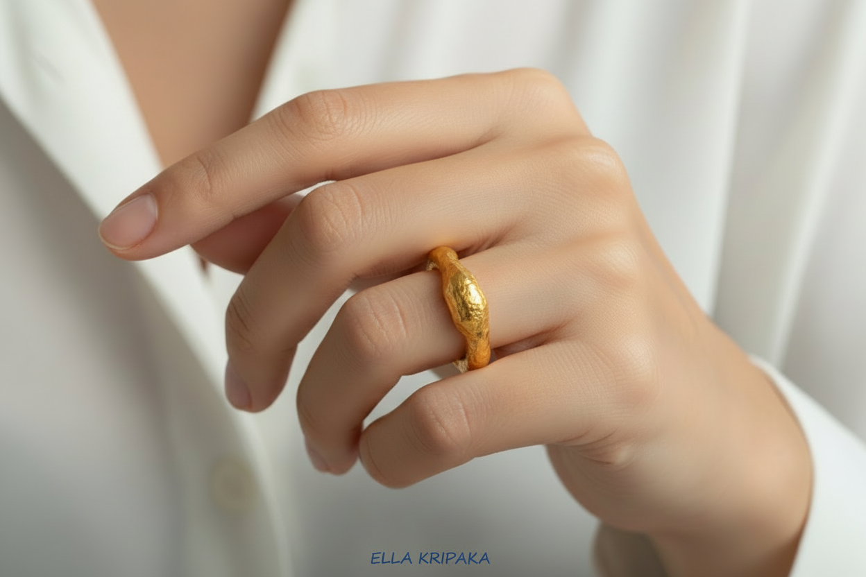 Hammered 24k 9999 Gold thick uneven ring organic signet with a textured gold surface worn on woman's finger and on a blurred white background, branded 'Ella Kripaka'