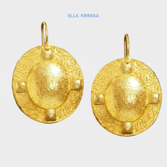 Hammered 24k 9999 Gold Byzantine convex oval earrings on a grey background with 'Ella Kripaka' branding