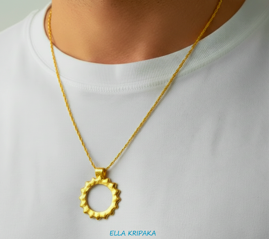 24k 9999 gold hammered convex Sun pendant with chain worn by a man and on a white t-shirt background, branded 'Ella Kripaka'