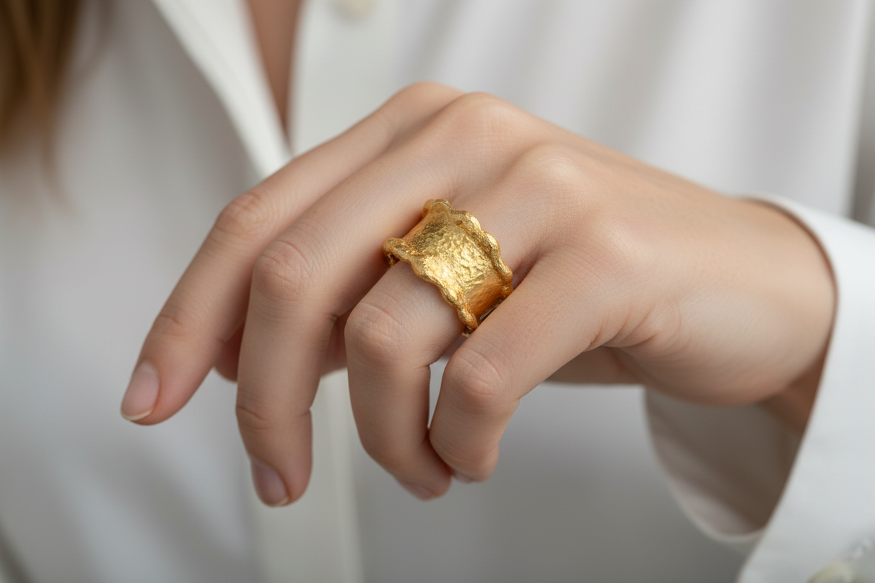 Hammered 24k 9999 Gold 33.4g Organic Wavy Ring Signet 15mm Thick