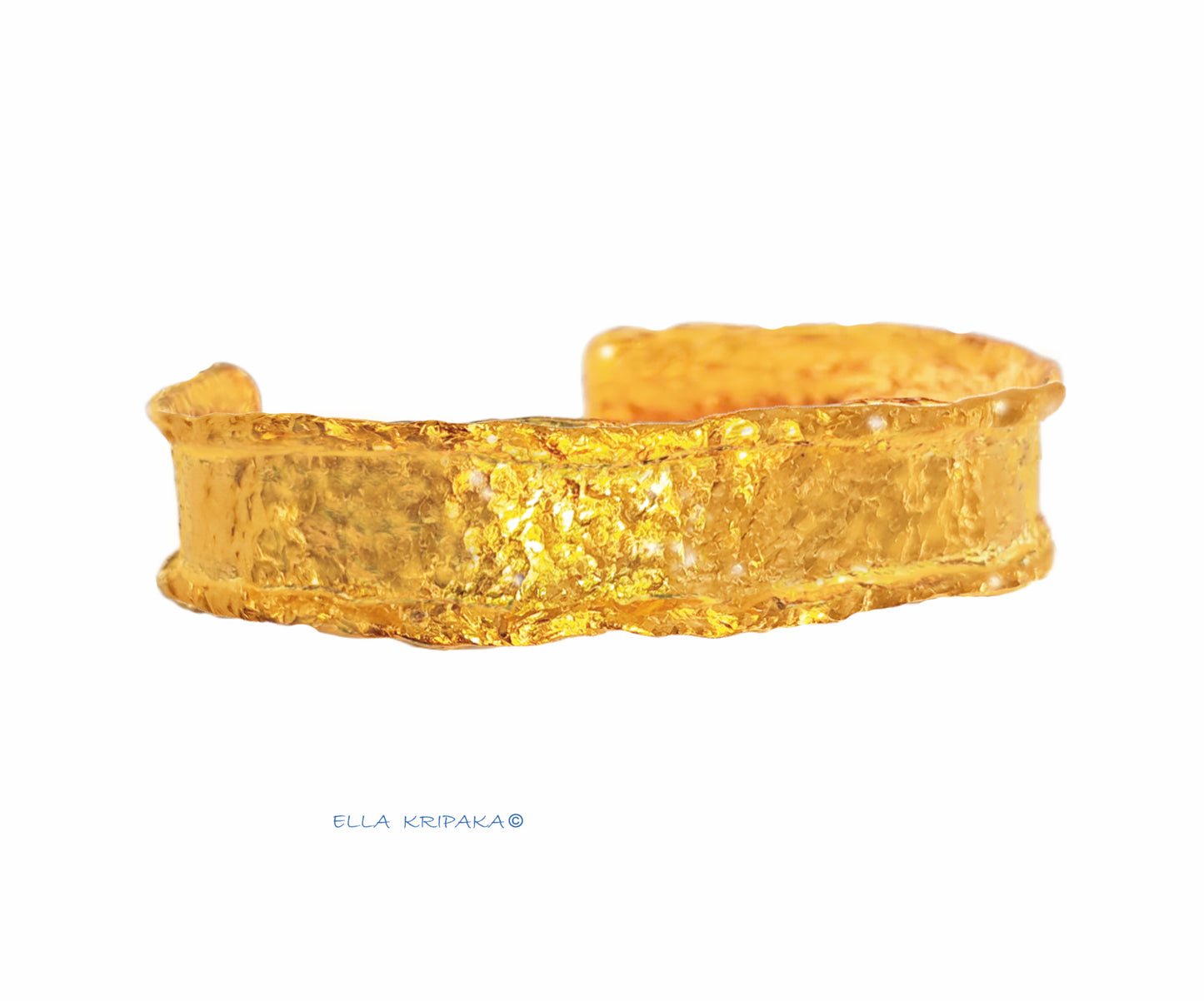 Custom Solid 24k 9999 Gold 60g Hammered Organic Uneven Bracelet Cuff Durable Wide 12mm Thick 2.4mm Folded Borders