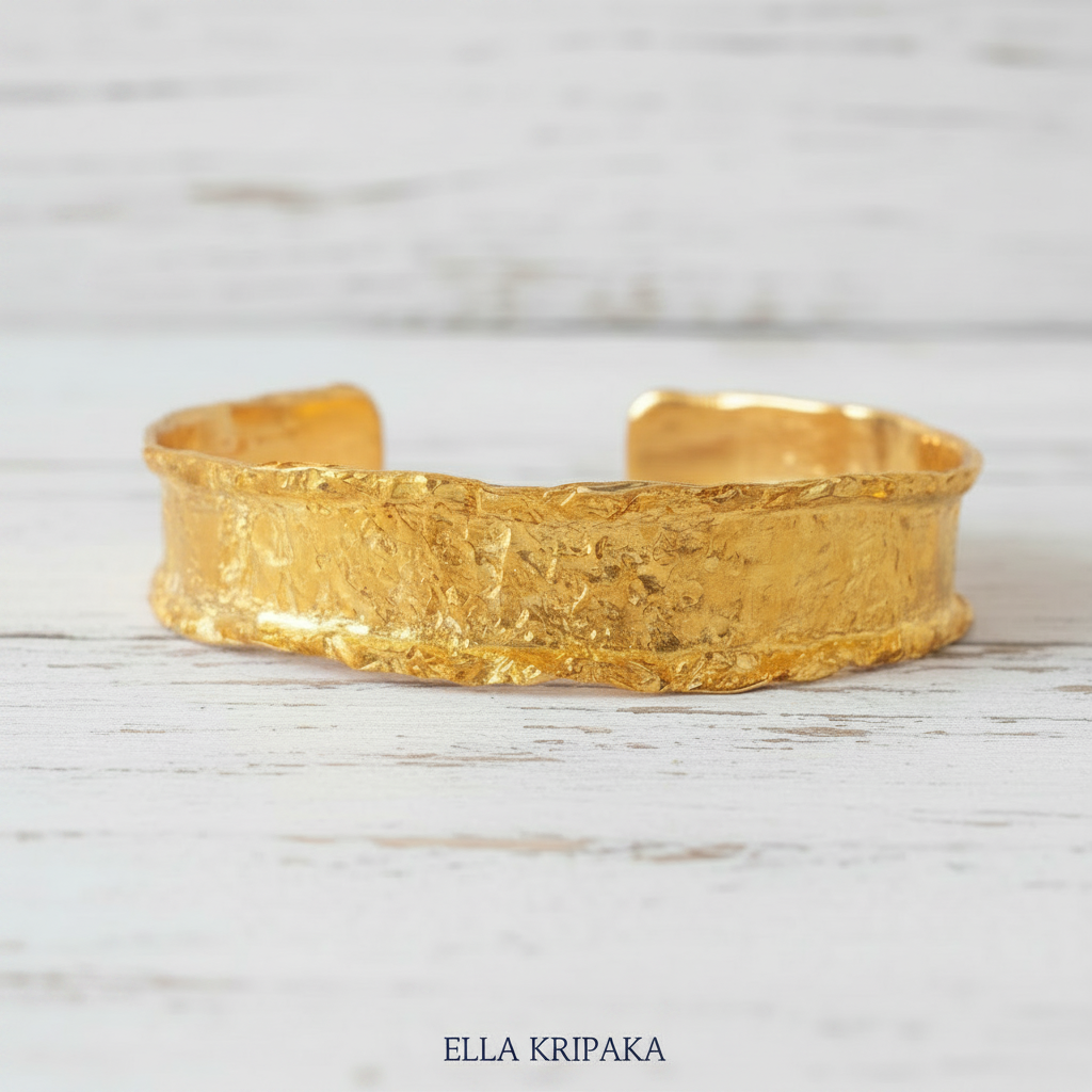 Hammered Solid 24k 9999 Gold 60g Organic Cuff Bracelet 12mm Wavy Edges