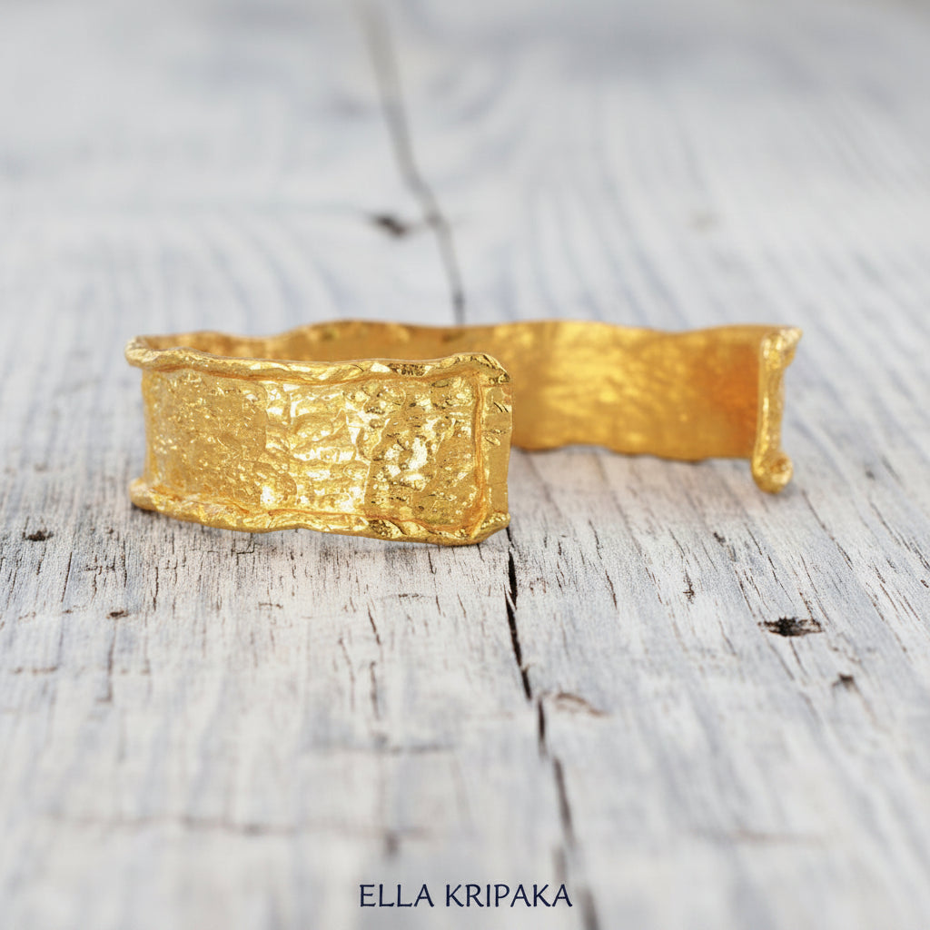 Organic Hammered 24k 9999 Gold 71g Cuff Bracelet 12mm Wavy Borders