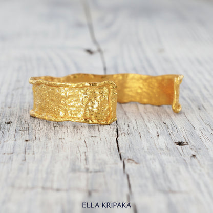 Organic Hammered 24k 9999 Gold 71g Cuff Bracelet 12mm Wavy Borders